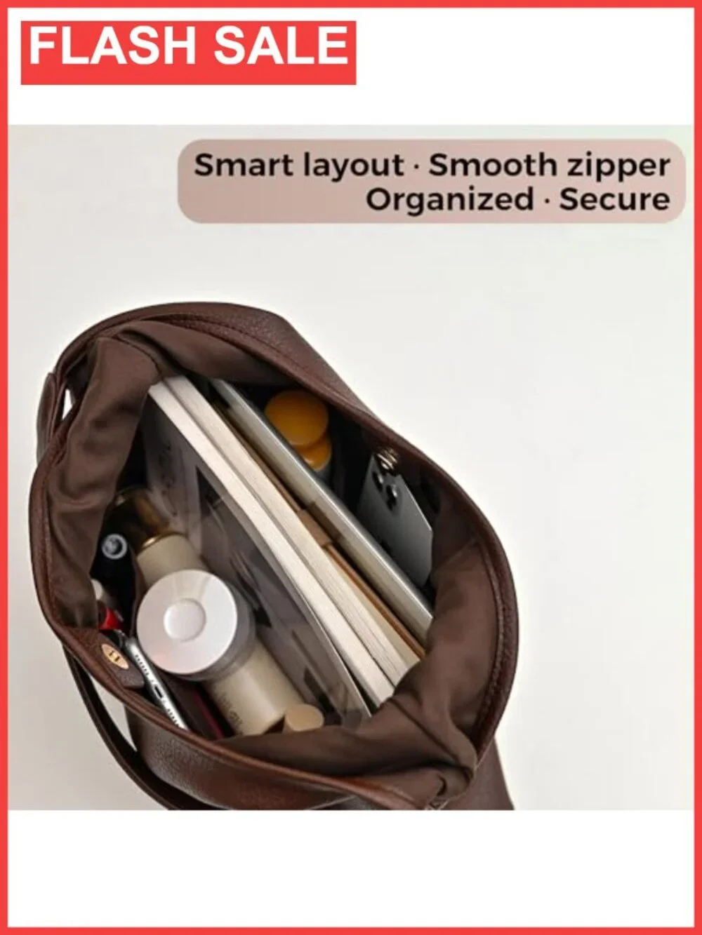 Slouchy Vegan Leather Hobo Shoulder Bag with Zip Pouch & Key Leash